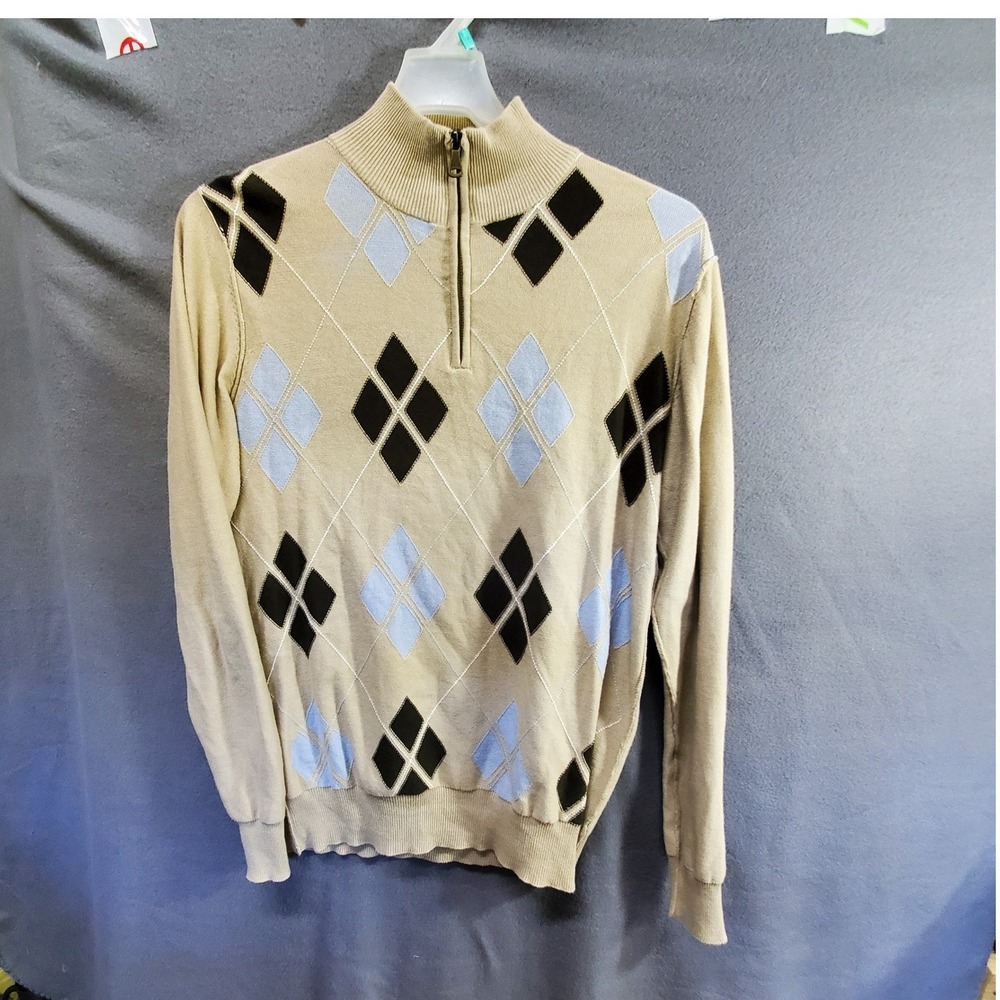 BKE Mens Argyle Quarter Zip Cotton Sweater Tan Brown Blue SYP9-221TBK Medium